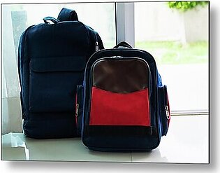 Back To School Concept. Blue  Backpack Lean On The Glass Door Fo #1 Metal Print