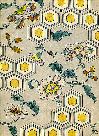 Vintage Japanese illustration of blossoms on a honeycomb background Ornament