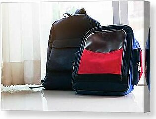Back To School Concept. Blue  Backpack Lean On The Glass Door Fo Canvas Print