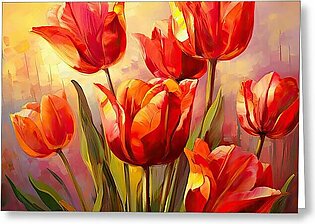 Perfect Gift Of Love- Red Tulips Paintings Greeting Card