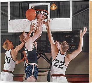 1960s Players Under Basket Reaching Wood Print