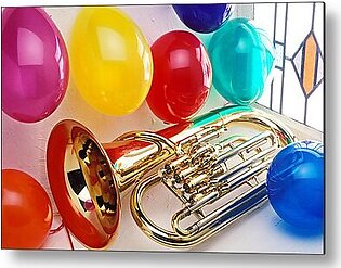 Tuba in window with ballons Metal Print