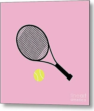 Pink Tennis Ball and Tennis Racket Metal Print