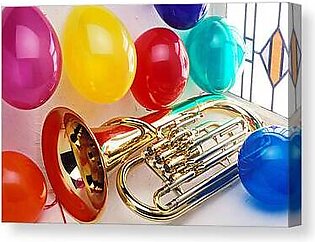Tuba in window with ballons Canvas Print