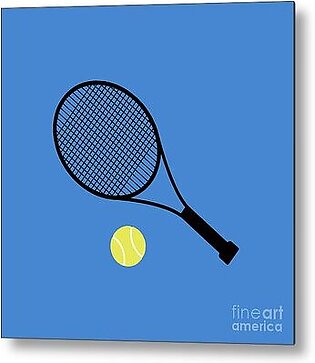 Blue Tennis Ball and Tennis Racket Metal Print