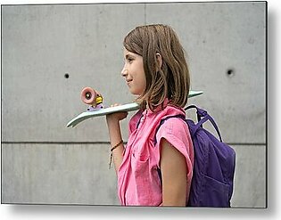 Teenage Girl Carrying Skateboard On Shoulder Outdoors Metal Print