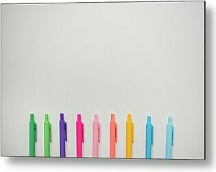 Brightly Colored Markers Lined On White Background Metal Print