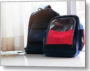 Back To School Concept. Blue  Backpack Lean On The Glass Door Fo Metal Print