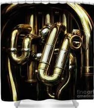 Detail of the brass pipes of a tuba Shower Curtain