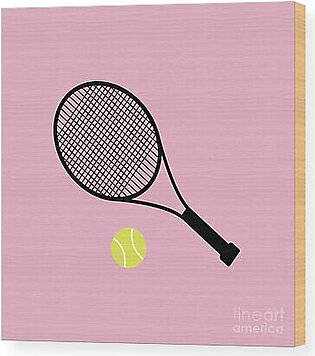 Pink Tennis Ball and Tennis Racket Wood Print