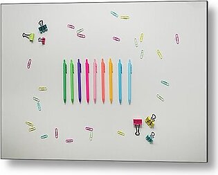 Rainbow Pens And Paper Clips On White Background Metal Print