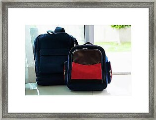 Back To School Concept. Blue  Backpack Lean On The Glass Door Fo #1 Framed Print