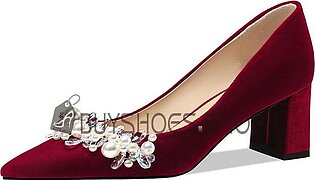Elegant Comfortable Burgundy Dress Shoes 7 cm Heeled With Crystal Chunky Velvet With Pearl Wedding Shoes For Women Evening Party Shoes Rhinestones Block Heels Pumps