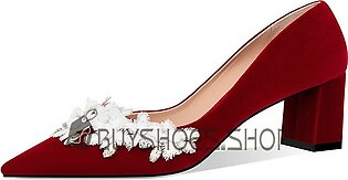 Velvet Pumps Pointed Toe Block Heels 3 inch High Heel Flowers Burgundy Elegant Wedding Shoes For Women Chunky Heel