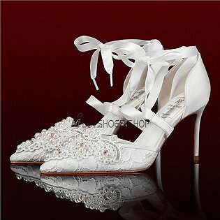 White Sandals Stiletto Heels With Bow 8 cm High Heel Lace Ankle Strap Pointed Toe With Pearl Wedding Shoes For Women Satin