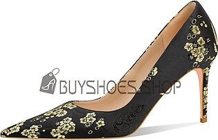 Satin Elegant Flowers Pumps Wedding Shoes For Women Black 3 inch High Heel Dressy Shoes Pointed Toe