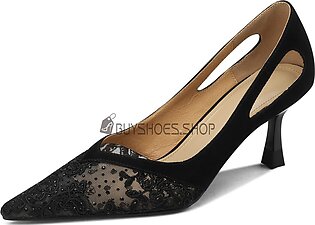 Leather Elegant Suede With Rhinestones Stiletto Heels Mid Heels Wedding Shoes For Women Tulle Stylish Pumps Pointed Toe Dress Shoes Lace