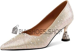 Pearls Pumps Elegant Pointed Toe Rhinestones Mid Heels Dressy Shoes Sequin Wedding Shoes For Women