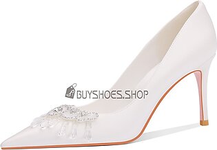 White Pumps Evening Shoes Crystal Rhinestones Elegant Satin Fringe 3 inch High Heel Wedding Shoes For Women Comfort Dress Shoes