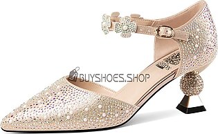 Dress Shoes Metallic Belt Buckle Sparkly Ankle Strap Leather With Pearl 6 cm Heeled Sculpted Heel Gorgeous Wedding Shoes Pointed Toe Party Shoes Beautiful Flower Sandals For Women