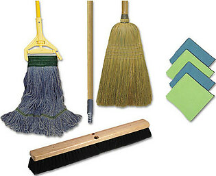 Cleaning Kit, Medium Blue Cotton/rayon/synthetic Head, 60" Natural/yellow Wood/metal Handle