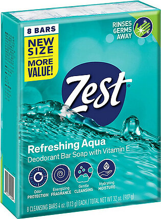 Zest Aqua with Vitamin E Refreshing Soap Bars, 4 Oz, 8 Ea