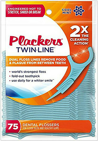 Plackers Twin-Line Dental Flossers, Cool Mint Flavor, 75 Ea