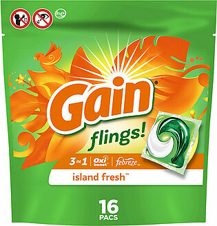 Gain Flings Liquid Laundry Detergent Pacs, Island Fresh, 16 Ea