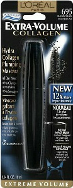 L'Oreal Extra Volume Collagen Plumping Waterproof Eye Mascara, Blackest Black #695, 1 Ea