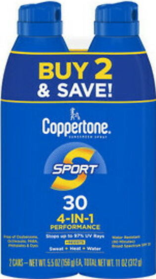 Coppertone Sport Sunscreen Spray SPF 30 Spray Sunscreen, Twin Pack, 5.5 Oz