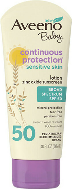 Aveeno Baby Continuous Protection Sensitive Broad Spectrum Skin Lotion Sunscreen SPF 50, 3 oz