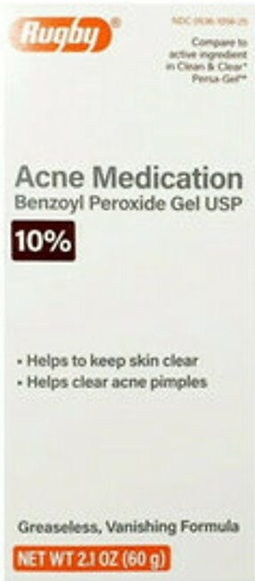 Rugby Acne Medication Gel Benzoyl Peroxide 10% Clear Soft Skin Greaseless, 2.1 Oz