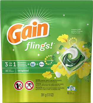 Gain Flings 3 in 1 Plus Aroma Boost Detergent Original 16 Pack Capsules, 6 pack