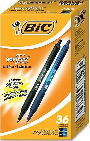 BIC Soft Feel Retractable Ballpoint Pens, Medium Point, 1.0mm, Black Barrel, Black Ink, Pack Of 36 Pens