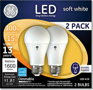 GE 100W LED Bulbs, A19, 15 W, Soft White, 2/Pack