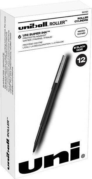 uniball Rollerball Pens, Micro Point, 0.5 mm, 80% Recycled, Black Barrel, Blue Ink, Pack Of 12 Pens