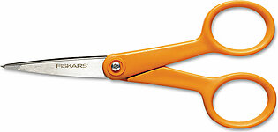 Fiskars Home and Office Scissors, Pointed Tip, 5" Long, 1.88" Cut Length, Orange Straight Handle