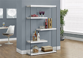 Bookshelf, Bookcase, Etagere, 5 Tier, 60"H, Office, Bedroom, Glossy White Laminate, Clear Tempered Glass, Contemporary, Modern