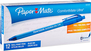 Paper Mate Comfortmate Ultra Retractable Ballpoint Pens, Medium Point, 1.0 mm, Blue Barrel, Blue Ink, Pack Of 12
