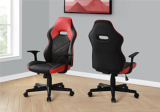 Office Chair, Gaming, Adjustable Height, Swivel, Ergonomic, Armrests, Computer Desk, Work, Black And Red Leather Look, Black Metal, Contemporary, Modern