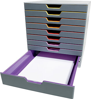 Durable VARICOLOR Stackable Plastic Drawer Box, 10 Drawers, Letter to Folio Size Files, 11.5" x 14" x 11", Gray