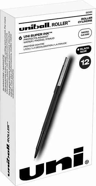 uniball Rollerball Pens, Micro Point, 0.5 mm, 80% Recycled, Black Barrel, Black Ink, Pack Of 12 Pens