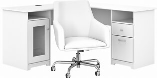 Bush Furniture Cabot 60W L Shaped Computer Desk with Mid Back Leather Box Chair in White
