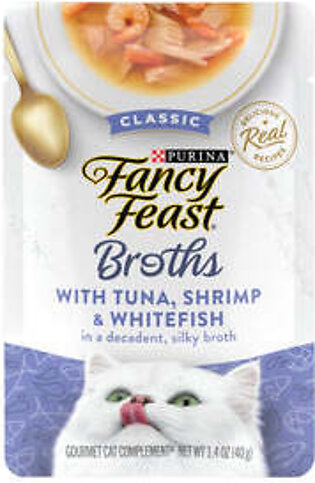 Purina Fancy Feast Broths Classic Seafood Tuna Salmon and Shrimp Wet Cat Food or Topper - Variety Pack - 1.4 Oz - Case of 12 - 3 Pack