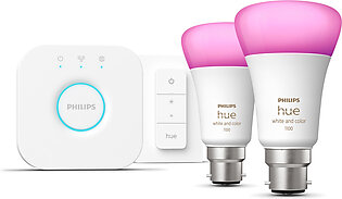 Philips Hue White and colour ambience Starter kit: 2 B22 smart bulbs (1100) + dimmer switch