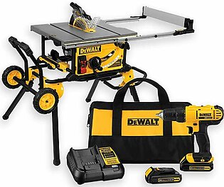 DeWalt 10" Jobsite Table Saw w/ Rolling Stand & 20V MAX Compact Drill/Driver Kit DWE7491RS & DCD771C2