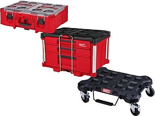 Milwaukee PACKOUT Dolly & PACKOUT Multi-Depth 3-Drawer Tool Box & PACKOUT Deep Organizer