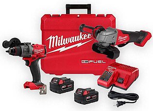 Milwaukee M18 FUEL 1/2" Hammer Drill/Driver Kit & M18 FUEL 4-1/2" / 5" Braking Grinder Paddle Switch, No-Lock 2904-22 & 2880-20