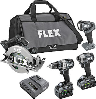 FLEX 24V 1/2" Hammer Drill, Impact Driver, 7-1/4" Circular Saw, Work Light Kit (3.5Ah/6.0Ah Stacked) FXM403-2G