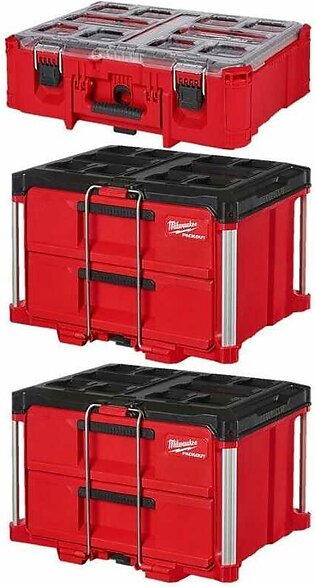 Milwaukee (2) PACKOUT 2-Drawer Tool Boxes & PACKOUT Deep Organizer